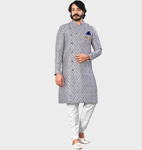 Men Navy Blue Woven-Design Sherwani
